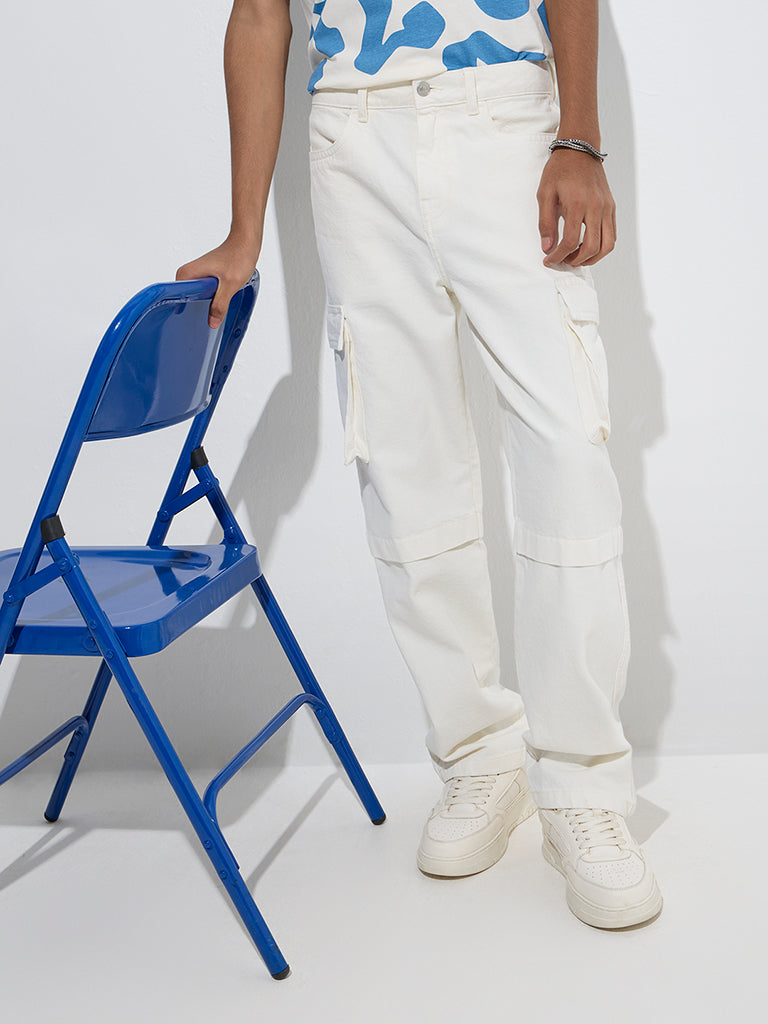 Y&F Kids Off-White Cargo-Style Relaxed-Fit Mid-Rise Jeans