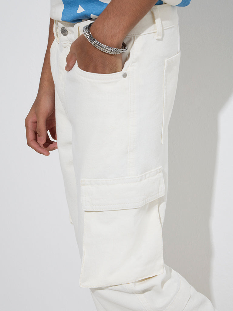 Y&F Kids Off-White Cargo-Style Relaxed-Fit Mid-Rise Jeans