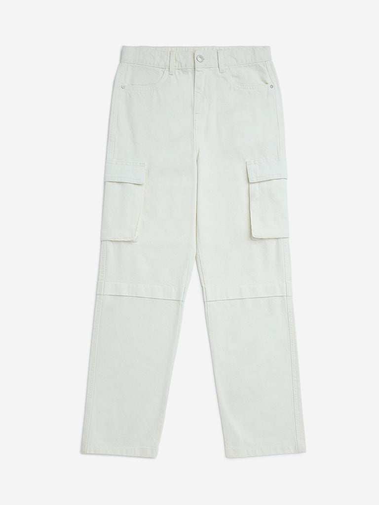 Y&F Kids Off-White Cargo-Style Relaxed-Fit Mid-Rise Jeans