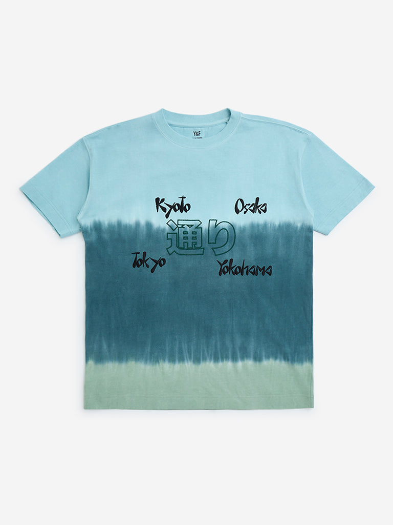 Y&F Kids Teal Tie-Dye Printed Cotton T-Shirt