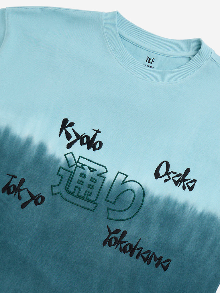 Y&F Kids Teal Tie-Dye Printed Cotton T-Shirt