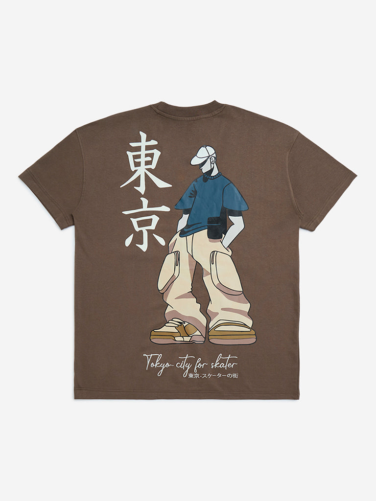 Y&F Kids Dark Brown Japanese-Inspired Cotton T-Shirt