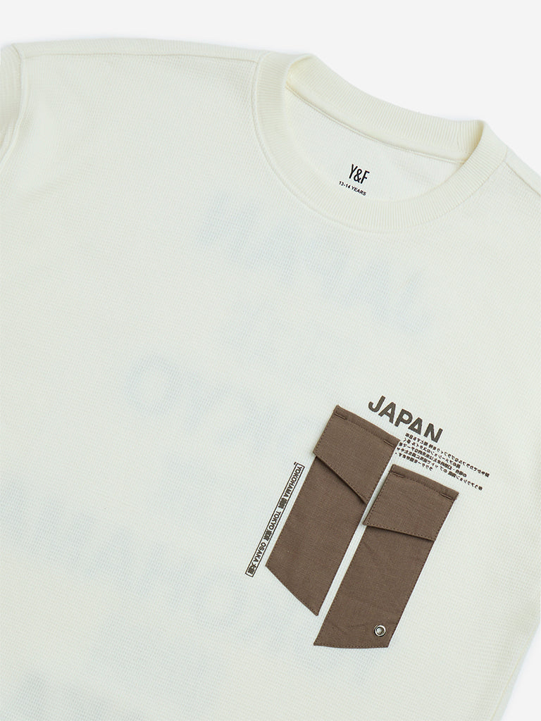 Y&F Kids Off-White Typographic Cotton T-Shirt