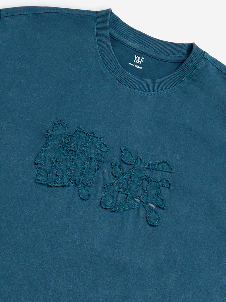 Y&F Kids Teal Embroidered Cotton T-Shirt