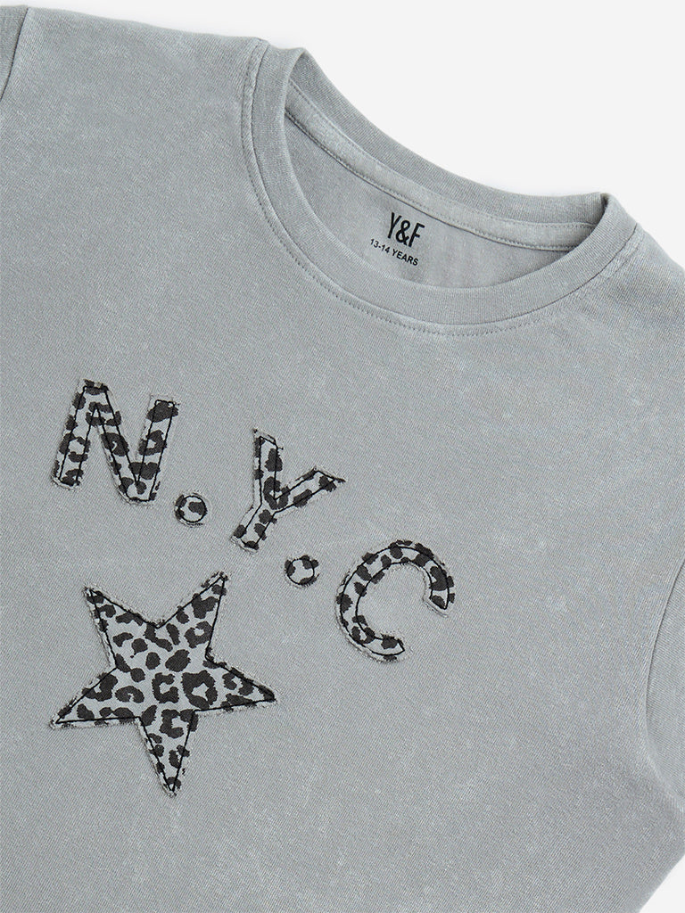 Y&F Kids Grey Text Design Cotton-Blend T-Shirt