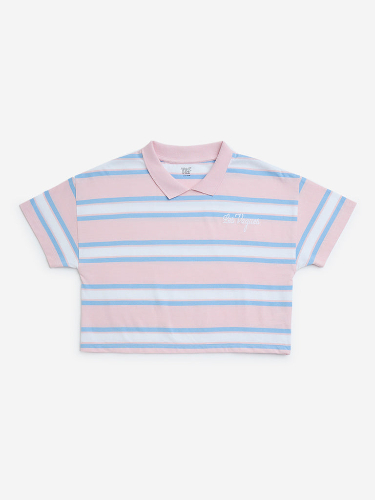 Y&F Kids Pink Striped Cotton Polo T-Shirt
