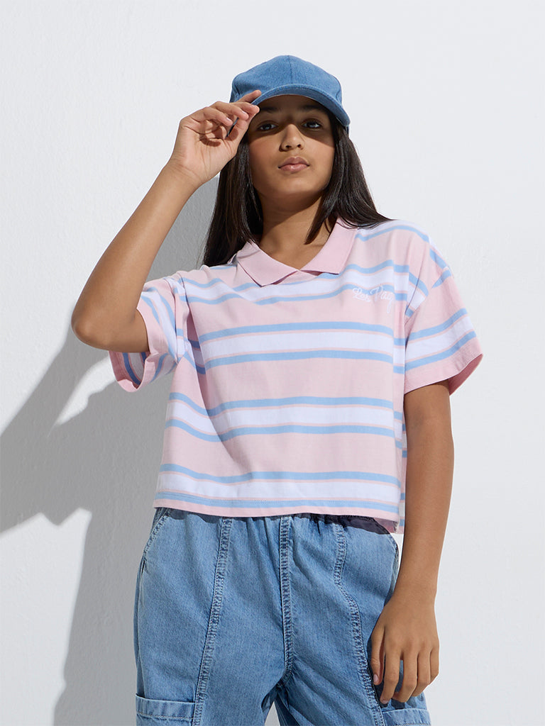 Y&F Kids Pink Striped Cotton Polo T-Shirt
