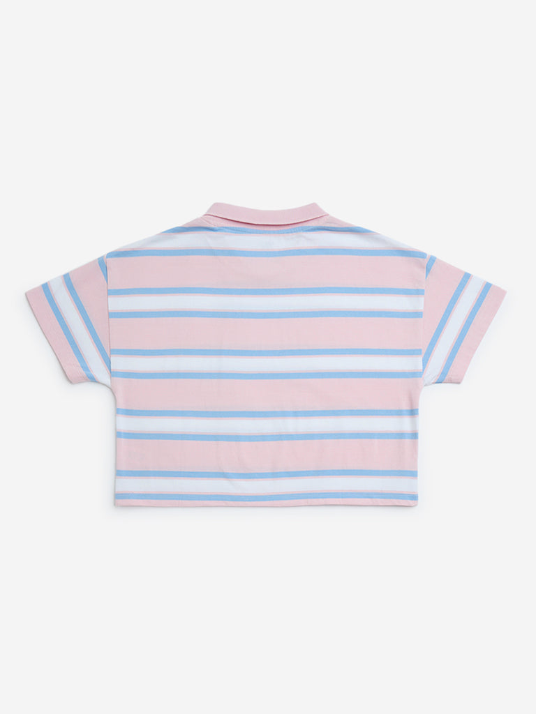 Y&F Kids Pink Striped Cotton Polo T-Shirt