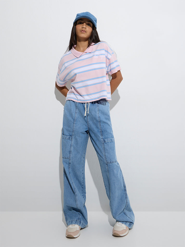 Y&F Kids Pink Striped Cotton Polo T-Shirt