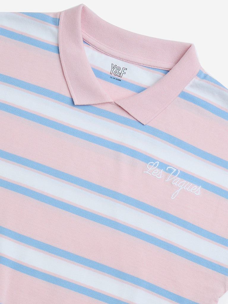 Y&F Kids Pink Striped Cotton Polo T-Shirt
