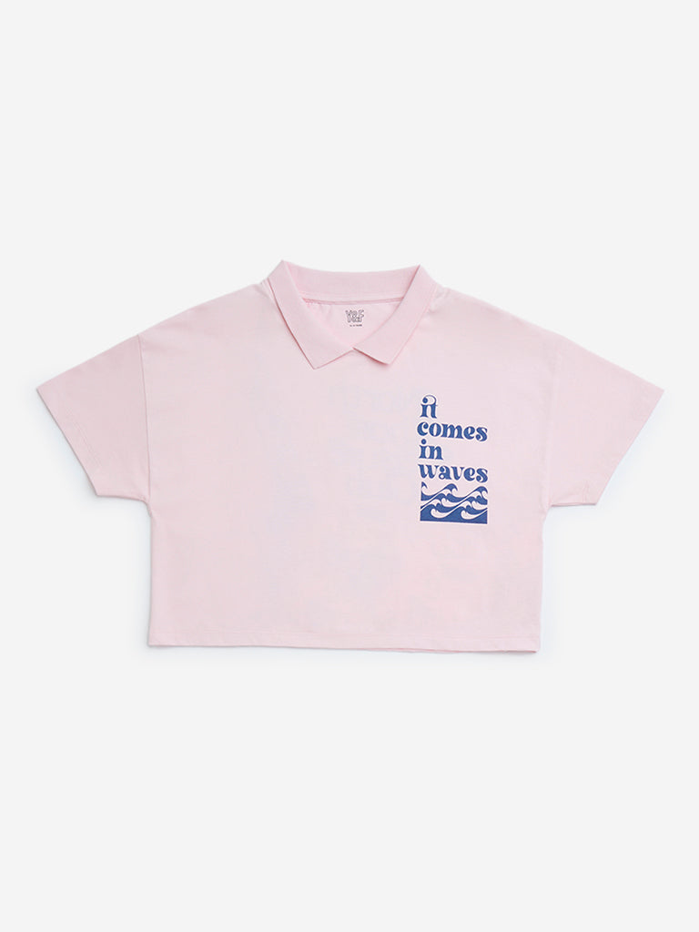 Y&F Kids Light Pink Text Design Cotton Polo T-Shirt