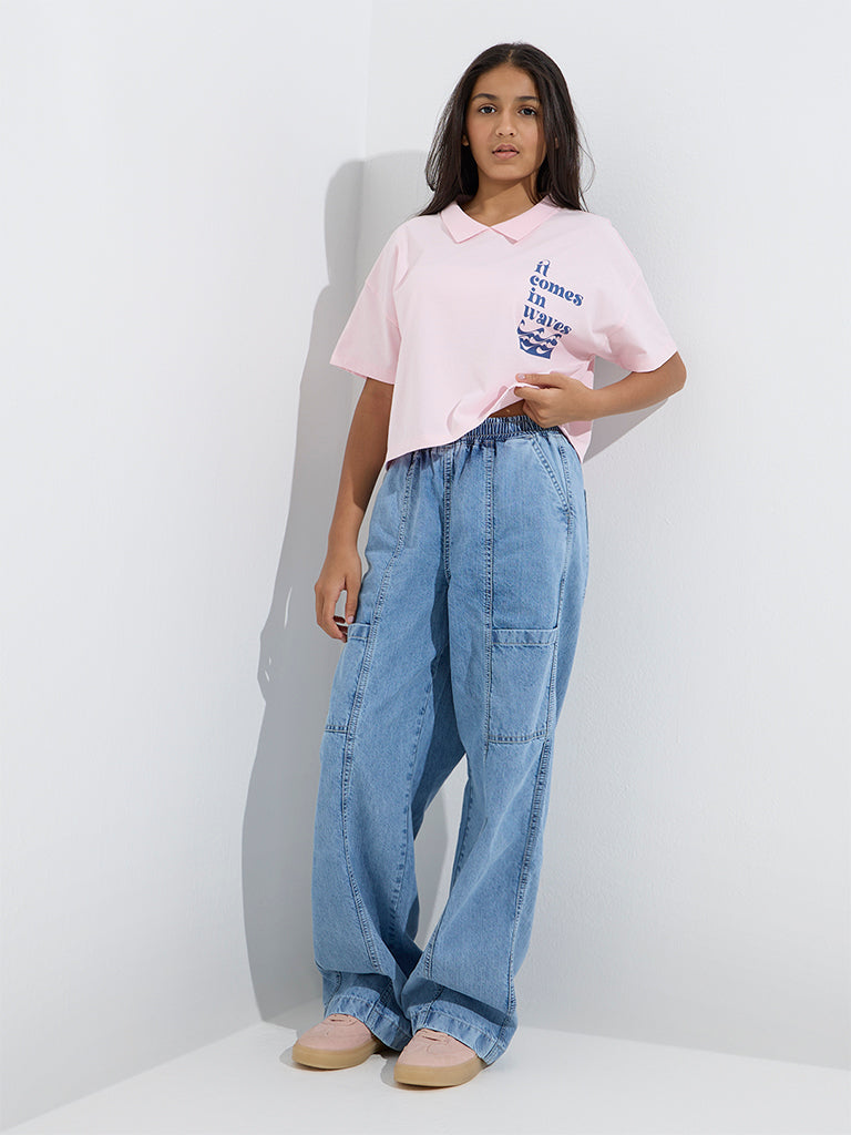 Y&F Kids Light Pink Text Design Cotton Polo T-Shirt