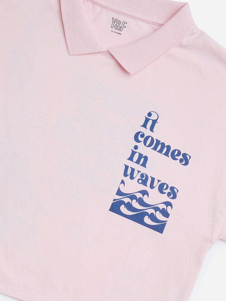 Y&F Kids Light Pink Text Design Cotton Polo T-Shirt