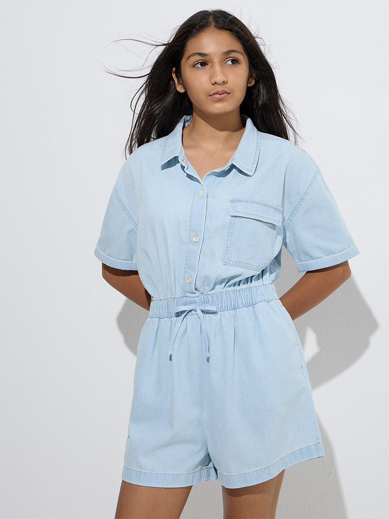 Y&F Kids Light Blue Denim Playsuit