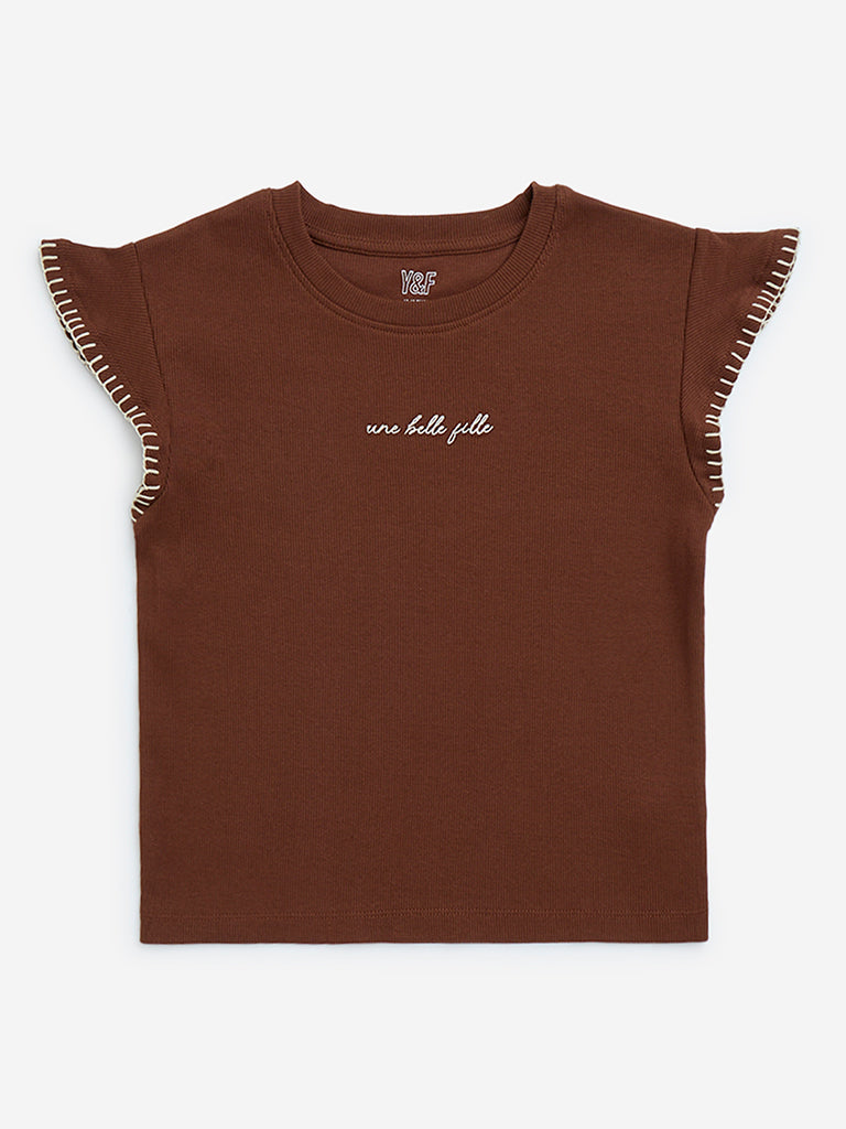 Y&F Kids Brown Text Design Ribbed Cotton-Blend Top