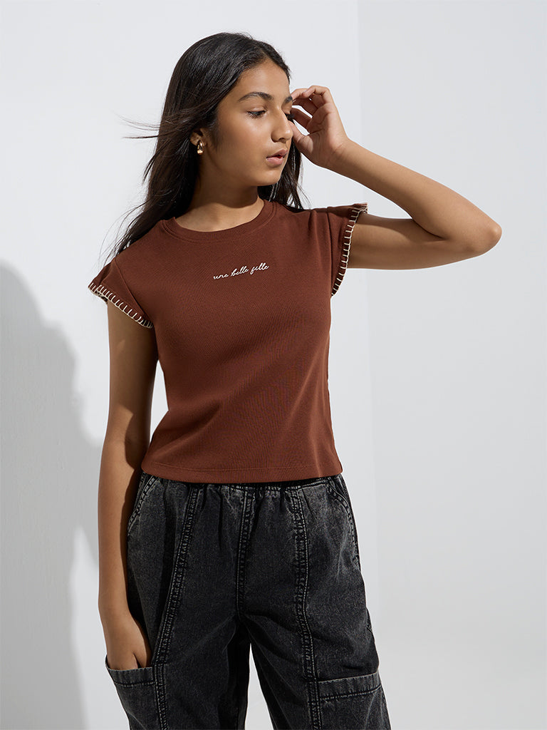 Y&F Kids Brown Text Design Ribbed Cotton-Blend Top
