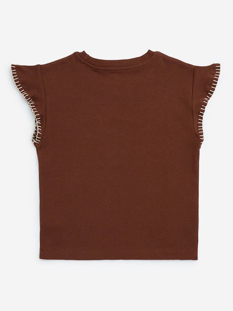 Y&F Kids Brown Text Design Ribbed Cotton-Blend Top