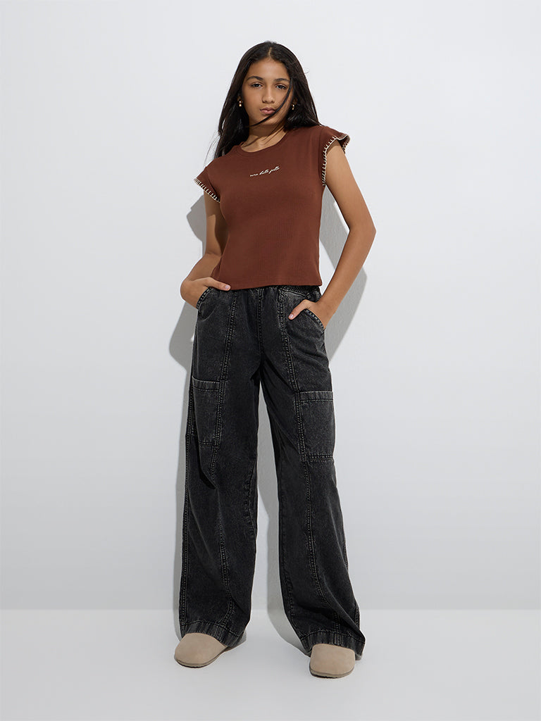 Y&F Kids Brown Text Design Ribbed Cotton-Blend Top