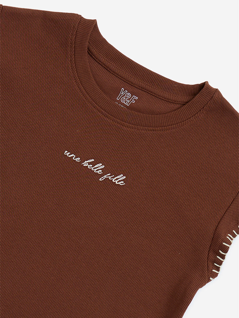 Y&F Kids Brown Text Design Ribbed Cotton-Blend Top