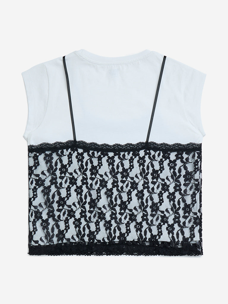 Y&F Kids White Lace Detailed Cotton T-Shirt