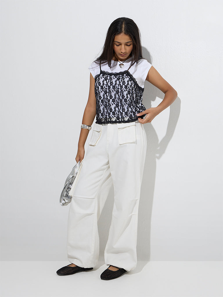 Y&F Kids White Lace Detailed Cotton T-Shirt