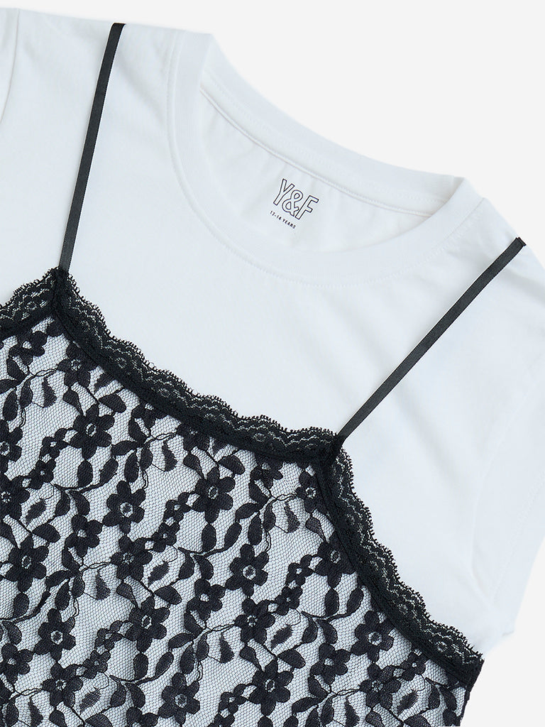 Y&F Kids White Lace Detailed Cotton T-Shirt