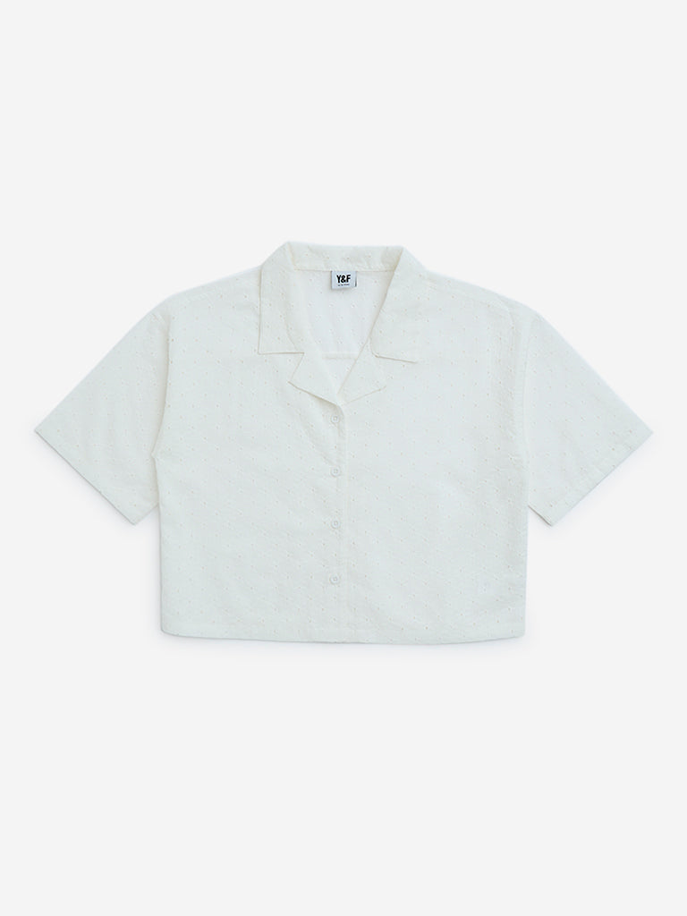Y&F Kids White Schiffli Detailed Cotton Shirt