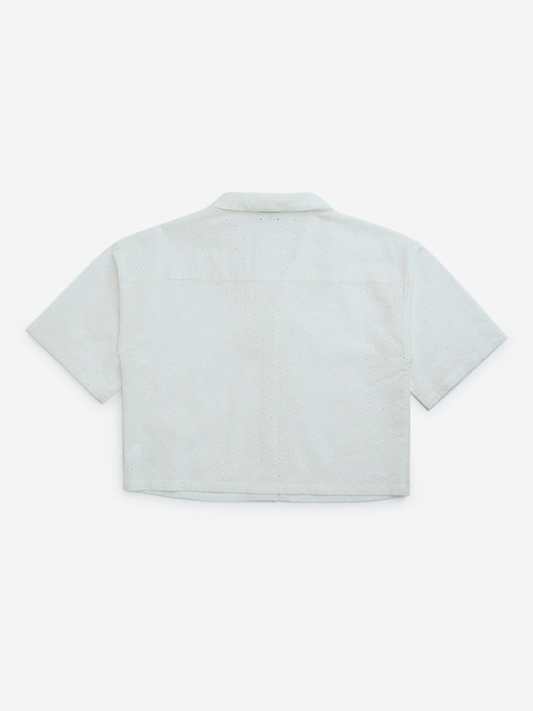 Y&F Kids White Schiffli Detailed Cotton Shirt