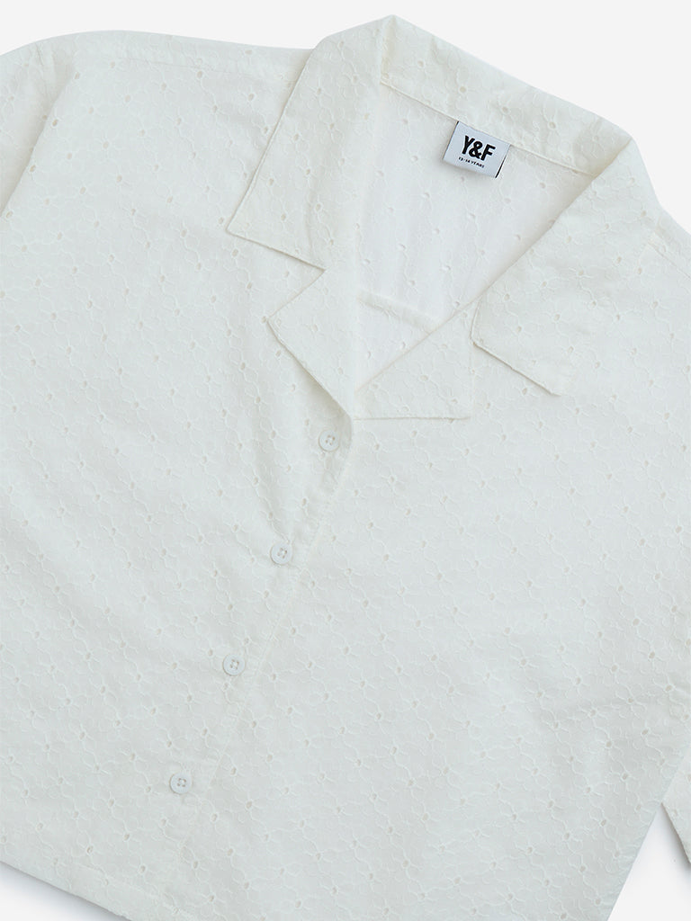 Y&F Kids White Schiffli Detailed Cotton Shirt