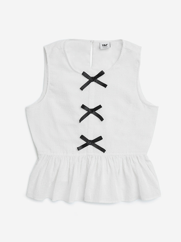 Y&F Kids White Bow-Detailed Cotton Peplum Top