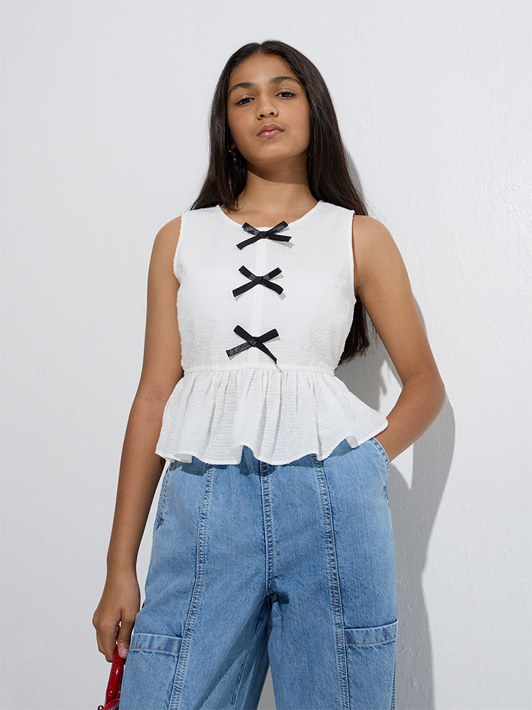 Y&F Kids White Bow-Detailed Cotton Peplum Top