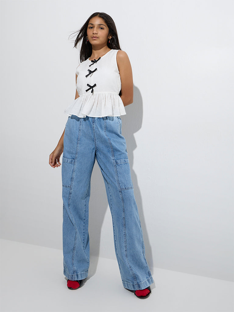 Y&F Kids White Bow-Detailed Cotton Peplum Top