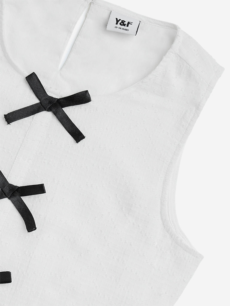 Y&F Kids White Bow-Detailed Cotton Peplum Top