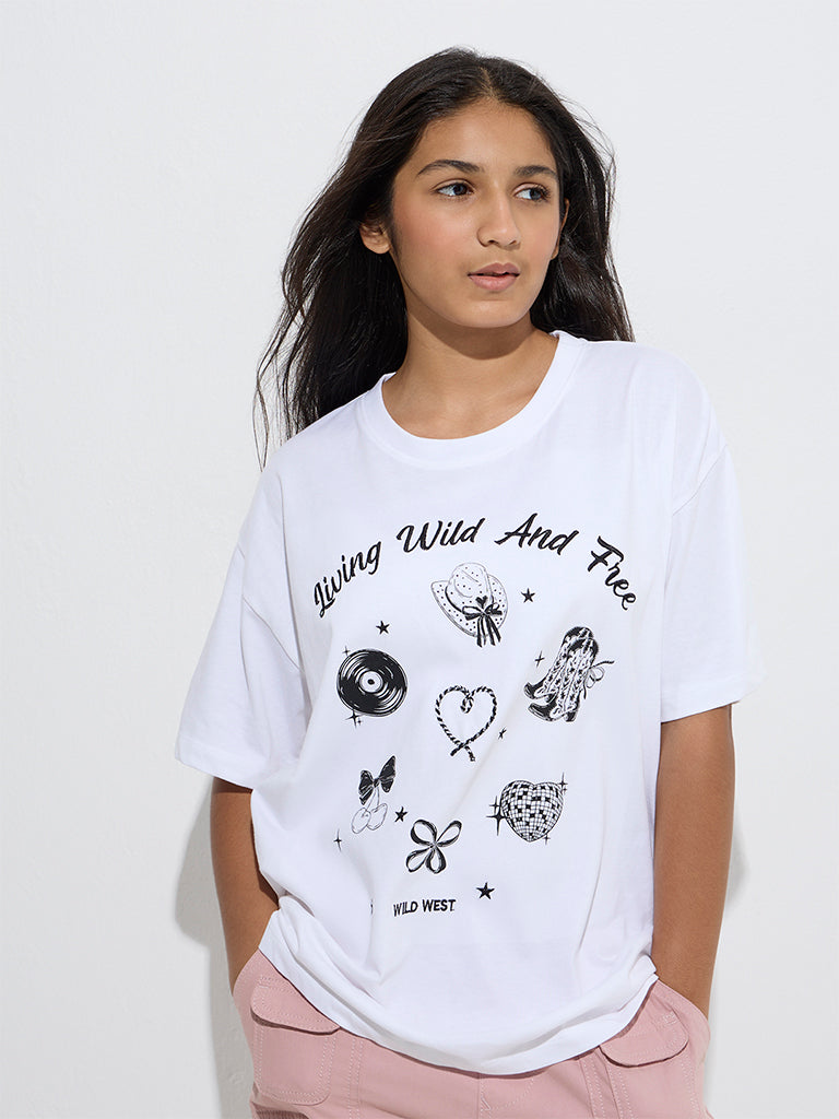 Y&F Kids White Graphic Design Cotton T-Shirt