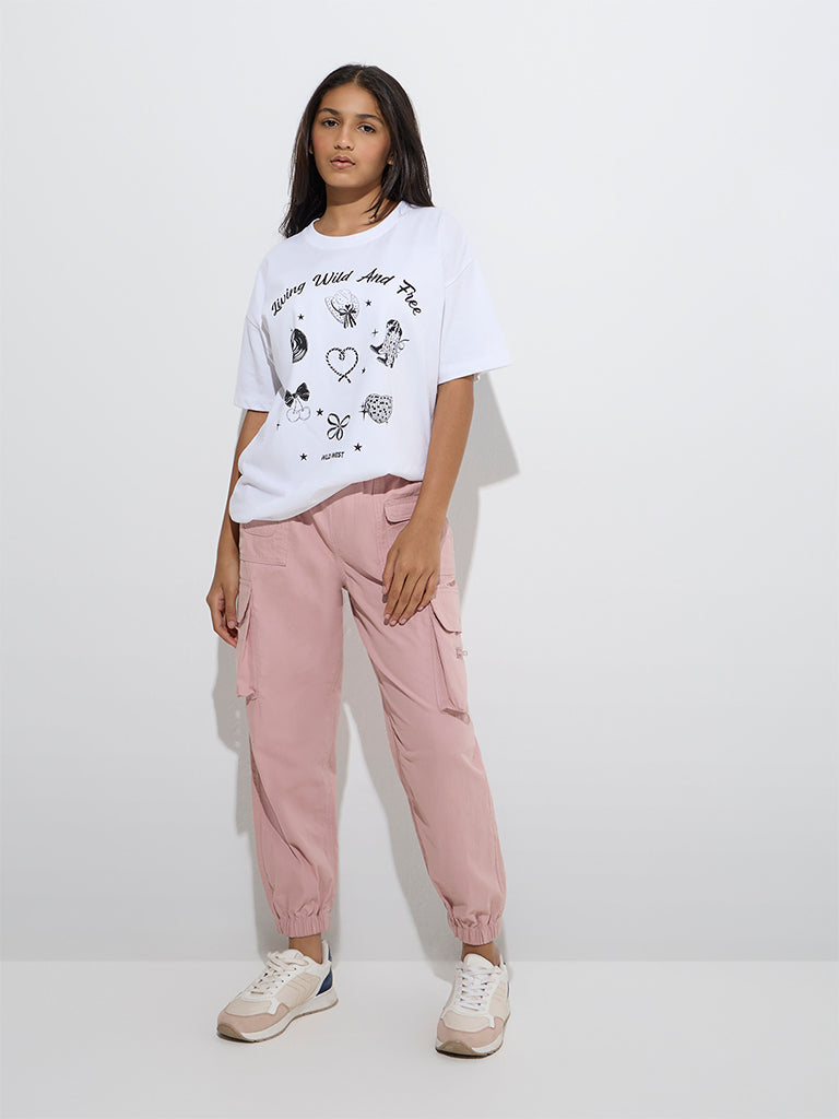 Y&F Kids White Graphic Design Cotton T-Shirt