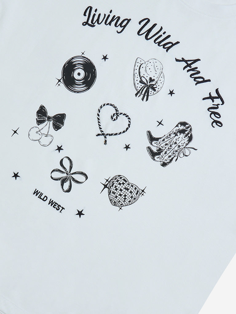 Y&F Kids White Graphic Design Cotton T-Shirt