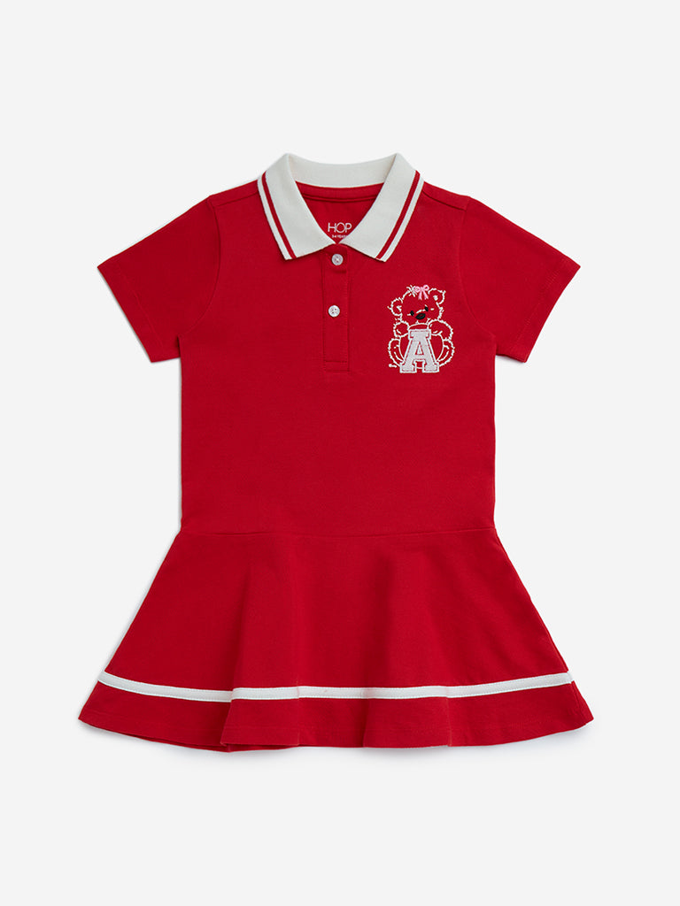 HOP Kids Red Embroidered Cotton A-Line Dress
