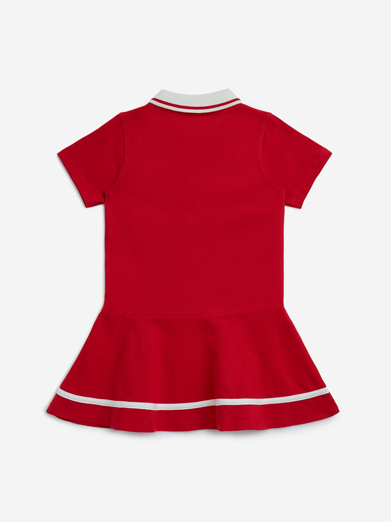 HOP Kids Red Embroidered Cotton A-Line Dress