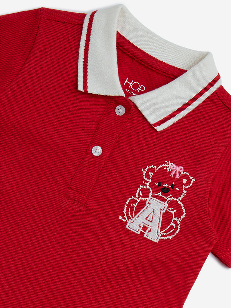 HOP Kids Red Embroidered Cotton A-Line Dress
