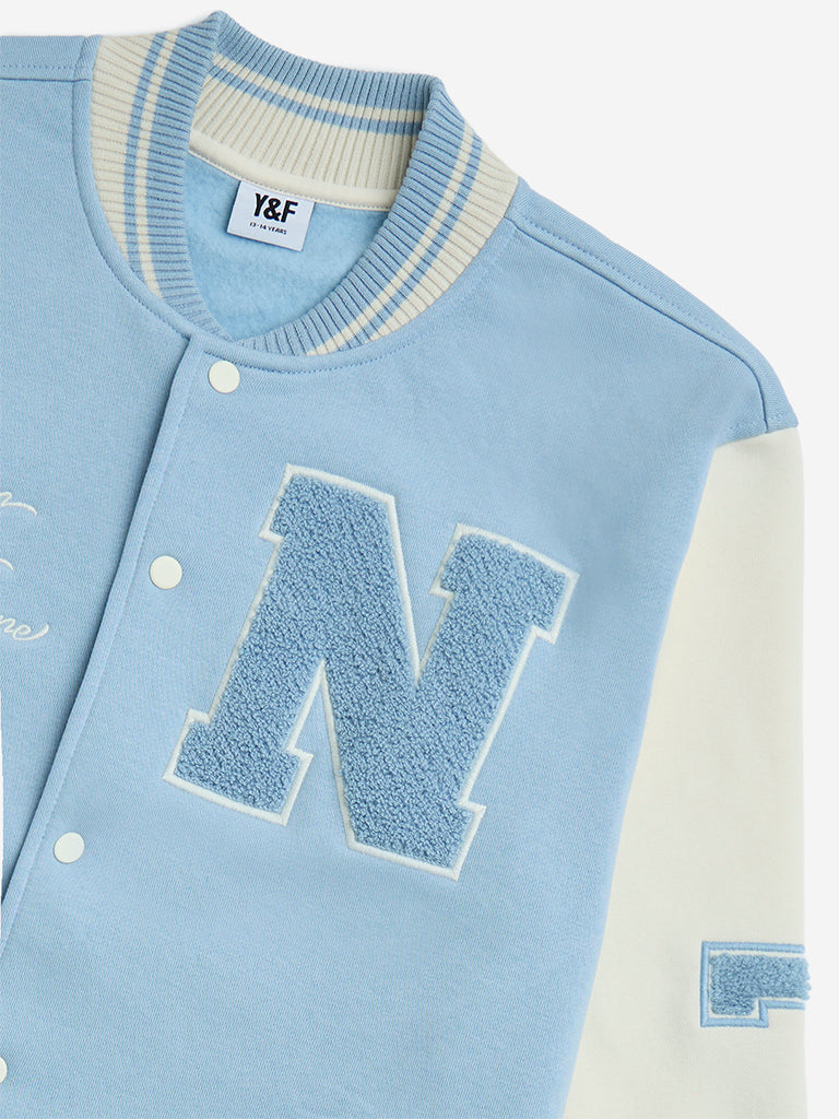 Y&F Kids Light Blue Text Design Cotton-Blend Varsity Jacket