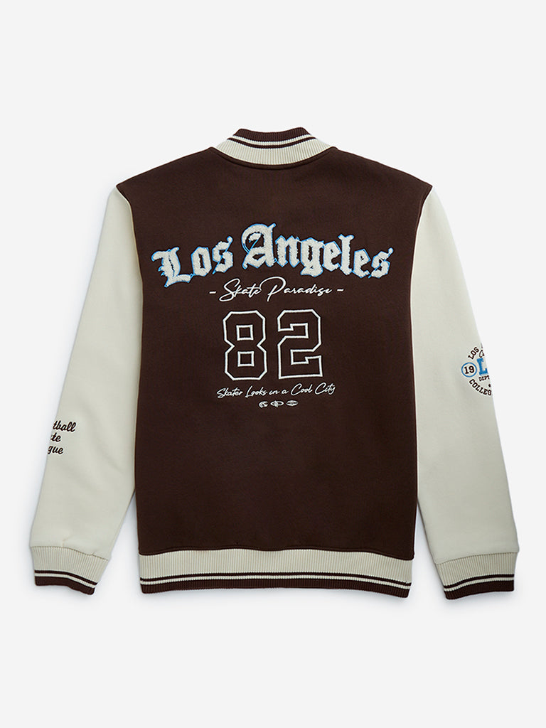 Y&F Kids Dark Brown Text Design Cotton-Blend Varsity Jacket