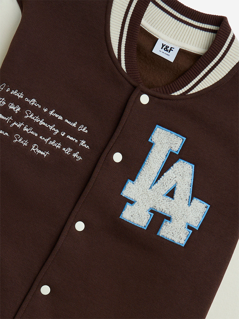 Y&F Kids Dark Brown Text Design Cotton-Blend Varsity Jacket