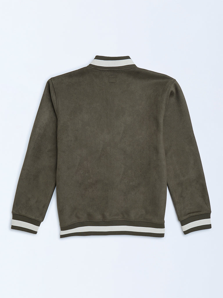 Y&F Kids Olive Text Detailed Suede Jacket