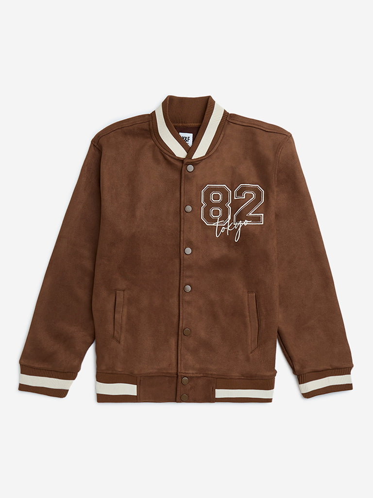 Y&F Kids Dark Brown Text Detailed Varsity Jacket