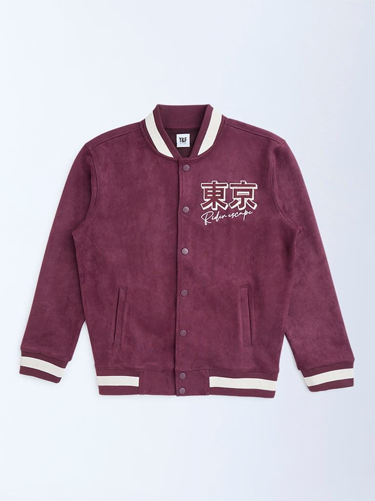 Y&F Kids Wine Text Design Suede Varsity Jacket
