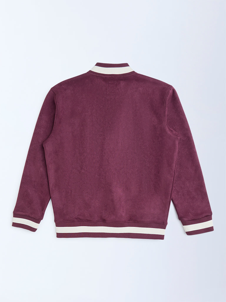 Y&F Kids Wine Text Design Suede Varsity Jacket