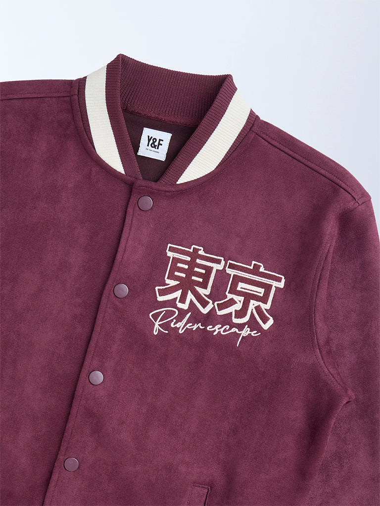 Y&F Kids Wine Text Design Suede Varsity Jacket