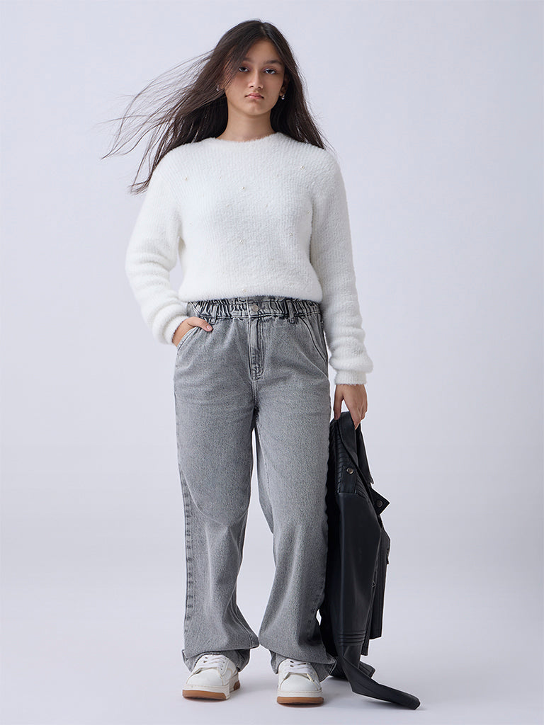 Y&F Kids Grey Washed Straight-Fit High-Rise Jeans