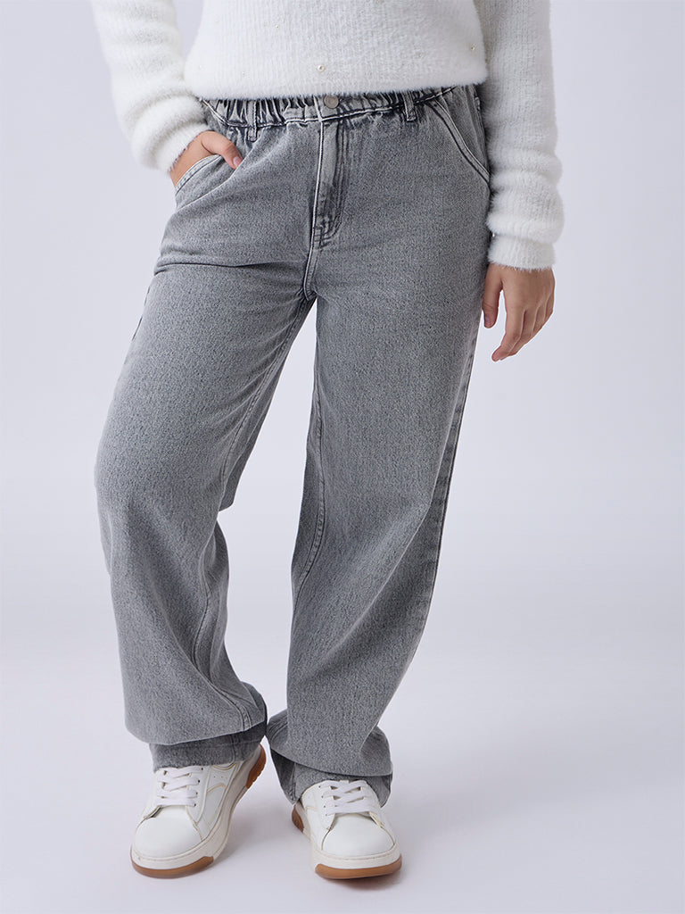 Y&F Kids Grey Washed Straight-Fit High-Rise Jeans