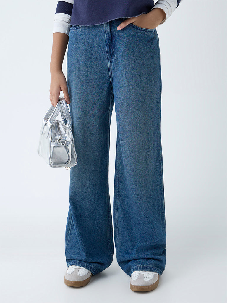 Y&F Kids Dark Blue Washed Wide-Leg High-Rise Jeans
